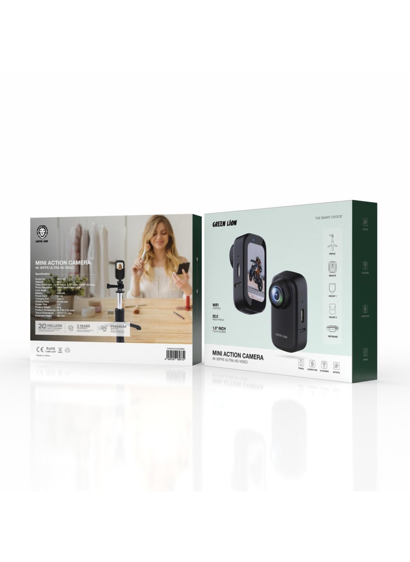 GREEN LION - Mini action Camera / 4K 30fps Ultra HD Video / Travel / Adventure / Vlogging / Sports / WIFI Control / 20 Mega Pixels / 1.5 inch Touch Screen / 120° Lens Angle / High Capacity Battery - Black - Image 1