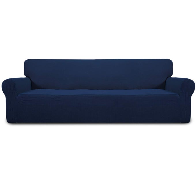 EASYGOING STRETCH 4 SEATER SOFA SLIPCOVER 1PIECE SOFA COVER FURNITURE PROTECTOR COUCH SOFT WITH ELASTIC BOTTOM FOR KIDS POLYESTER SPANDEX JACQUARD FABRIC SMALL CHECKS NAVY