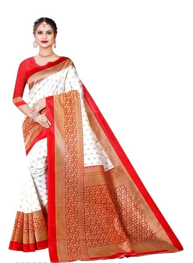 Kanooda Prints Women's Fancy Mysore Printed Art Silk Saree_3169_Red_White 