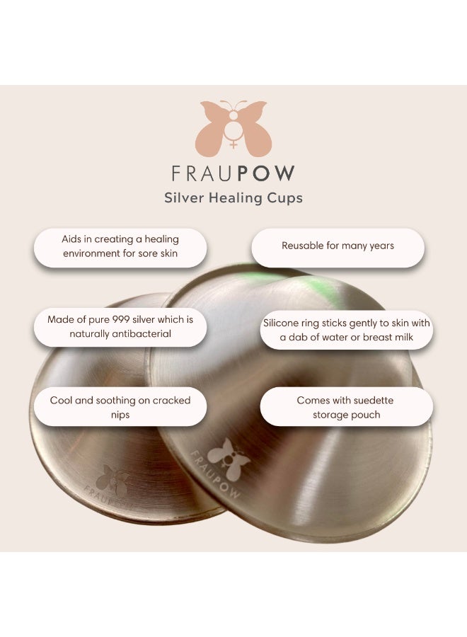 Fraupow Silver Healing Cups | Size 1 | Pack of 2 | Pure Silver Nipple Shields with Silicone Rings & Pouch | Award Winning Reusable Nipple Covers for Breastfeeding | Includes Midwife Consultation - Image 3
