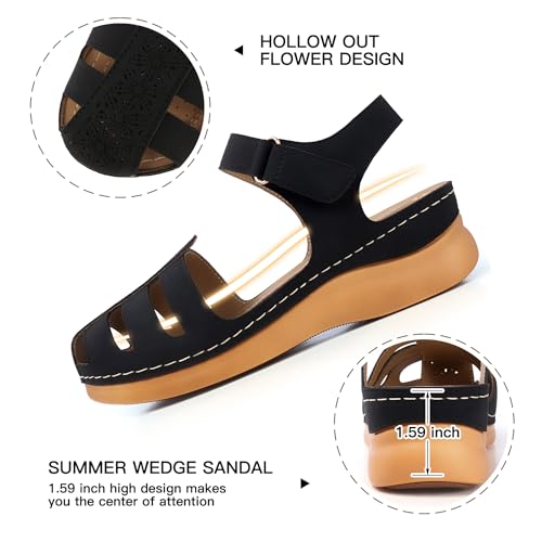 SHIBEVER Black Sandals Women Wedge: Summer Dressy Closed Toe Comfortable Fisherman Sandal Size 10.5 Walking Woman Sandals - Image 2