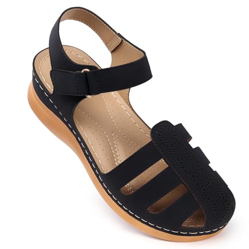 SHIBEVER Black Sandals Women Wedge: Summer Dressy Closed Toe Comfortable Fisherman Sandal Size 10.5 Walking Woman Sandals - Image 1