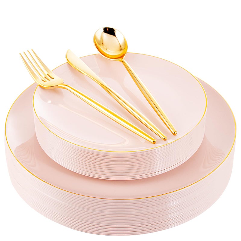 I00000 30 Guests Pink Plastic Plates for PartyHeavy Duty Pink Disposable PlatesGold Dinnerware Set Include 30 Dinner Plates30 Dessert Plates30 Gold Plastic Silverware Set for Party
