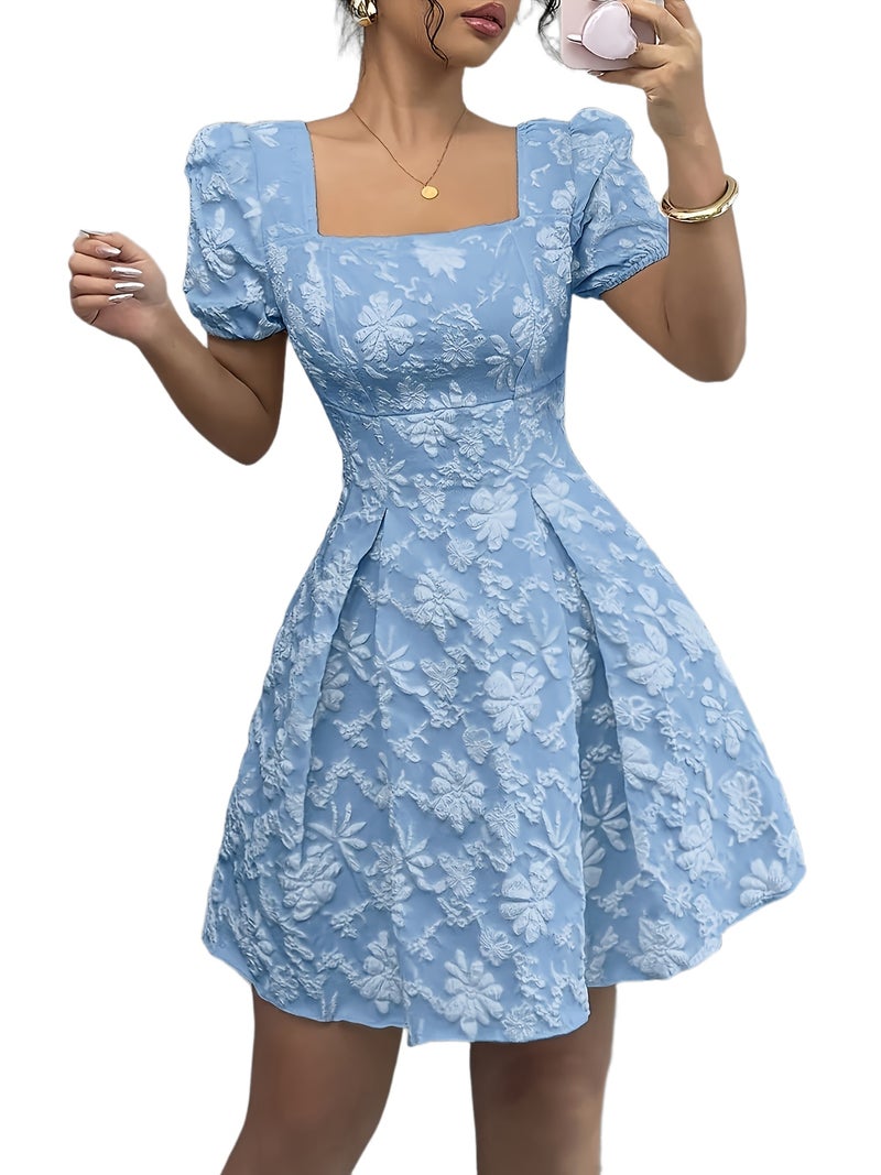 ZJ1104019 Women'S Elegant Floral Jacquard Evening Gown Ruffled Sleeve Square Neck A-Line Skirt - Image 1