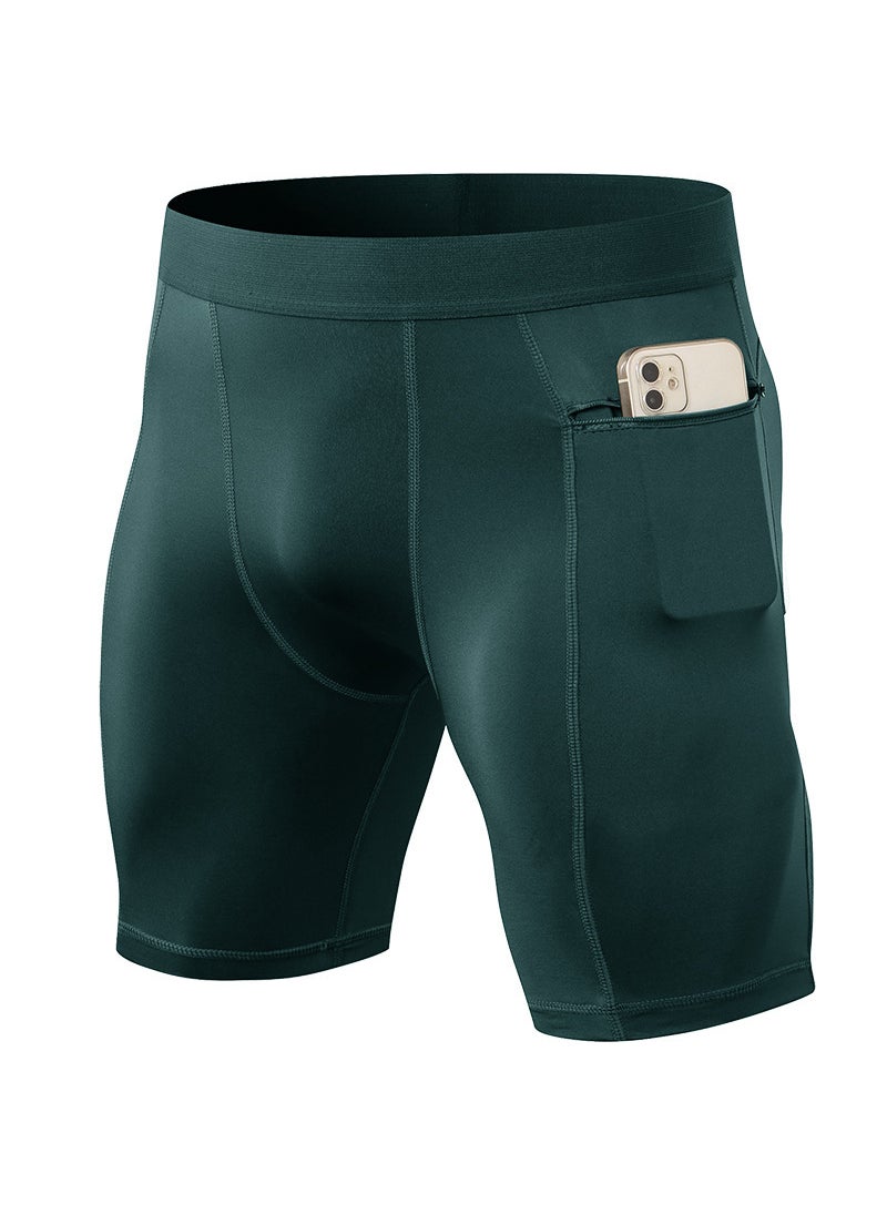 Generic Men Tight Fitness Shorts Zipper Pocket PRO Stretch Sweat Quick Dry Running Training Sports Pants 11407 Dark green 