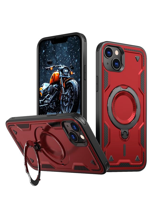 For iPhone 14 PC Hybrid TPU Armor MagSafe Ring Holder Phone Case(Red)