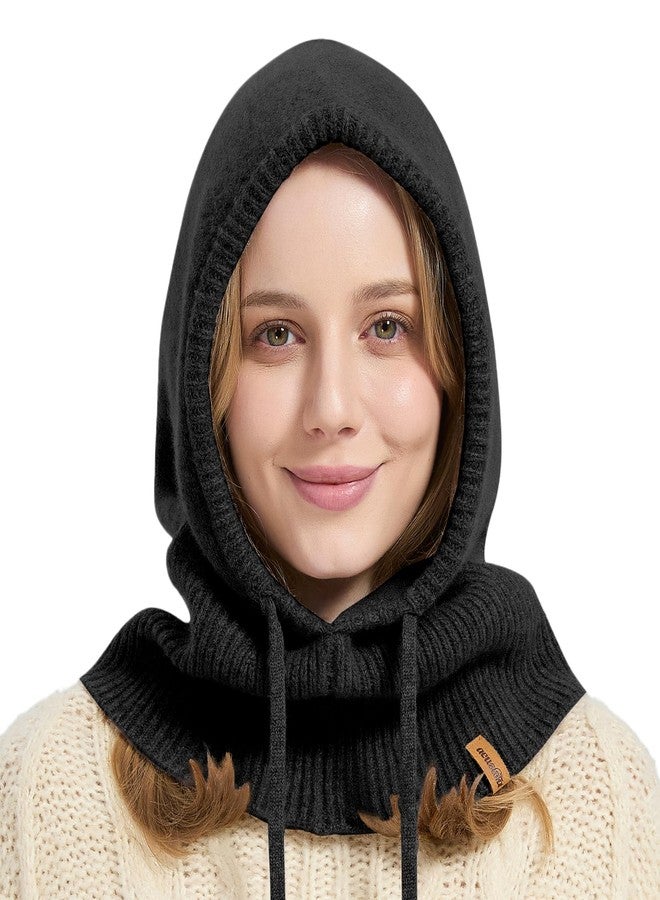 ACUSHLA 100% Merino Wool Balaclava for Women & Men Winter Warm Knit Hooded Scarf Hoodie Hat and Scarf Set in One, Black, One Size - Image 1