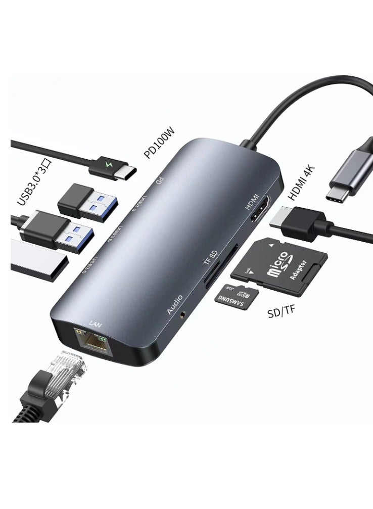 AROAQ Type C To HD Multimedia Interface Adapter, Portable Multiport USB C Hub, Fast Transfer 9-in-1 Type C Adapter,(Nine-in-one HDMI4K+USB3.0*3 ports+PD100W+SD/TF+Audio Interface+Gigabit Network Port) - Image 1