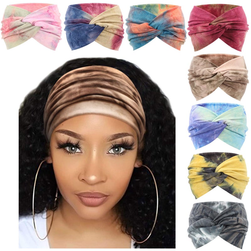 DRESHOW 8 Pcs Women Headbands of 95% Polyester+5% Spandex, Extra Vintage Hair Wrap Sport Workout Hair Band Hair Accessories, One Size Fits Most, Multi-color Choices - Image 1