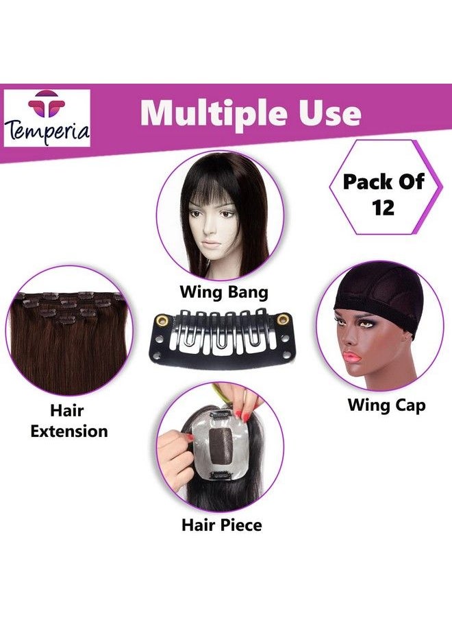 Temperia - Hair Extension Clips For Women & Men (12 Pcs) Hair Patch Clips Hair Attached Snap Wig Clips (Black) (3.4 Cm) - Image 1