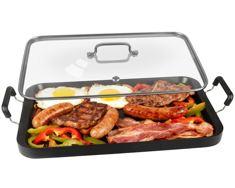 Vayepro 2-Burner Griddle Pan with Glass Lid - Nonstick Stovetop Griddle for Gas & Glass Cooktops - Aluminum Camping Grill Pan for Breakfast (Pancakes/Eggs/Bacon) (22"L x 12"W x 1.77"Th) - Image 1