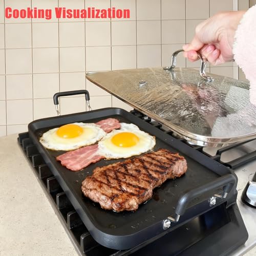 Vayepro 2-Burner Griddle Pan with Glass Lid - Nonstick Stovetop Griddle for Gas & Glass Cooktops - Aluminum Camping Grill Pan for Breakfast (Pancakes/Eggs/Bacon) (22"L x 12"W x 1.77"Th) - Image 3