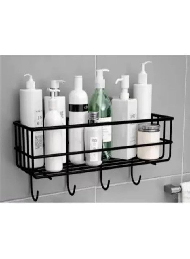 BIRDWING 1 Pic Self Adhesive with Towel Hook Bathroom Shelf for Wall/Shelf Organizer/Kitchen Shelf with Magic Stickers - Pack of 1 (Black, Powder Coated) - Image 1