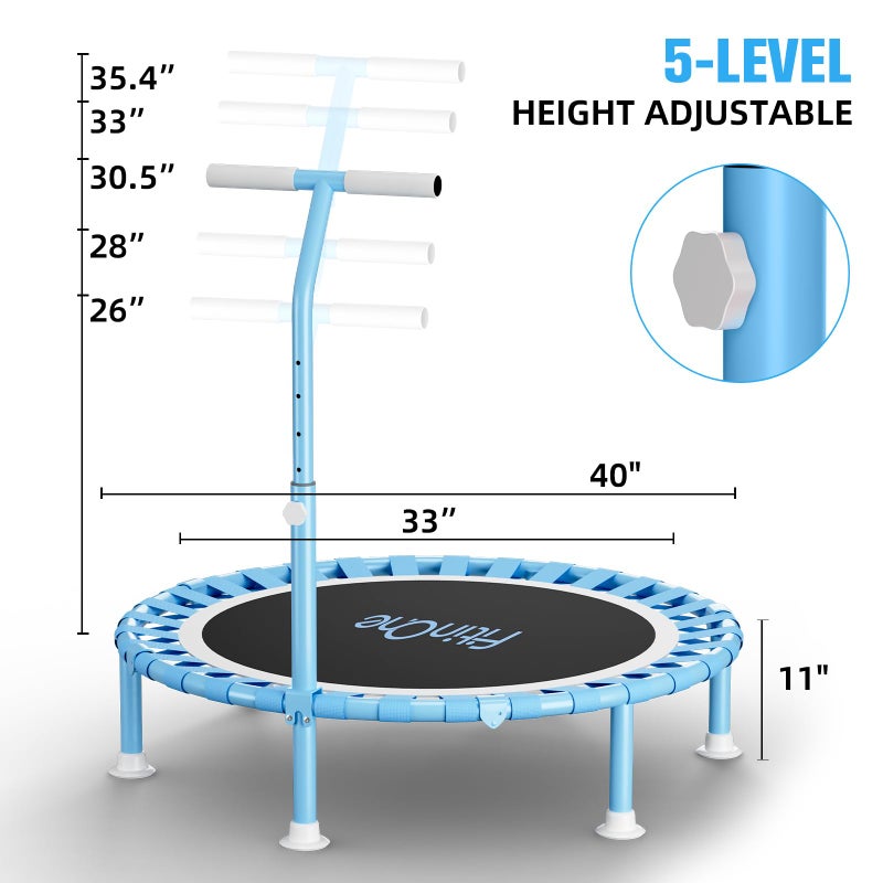 FitinOne 40" Fitness Mini Trampoline with Adjustable Handle Bar, 330lbs Foldable Bungee Rebounder for Adults and Kids, Stable & Quiet Exercise Rebounder Indoor Workout - Image 3