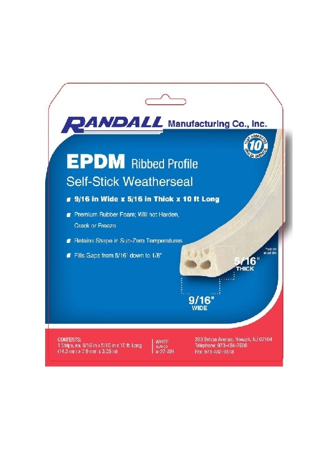 Randall EPDM Ribbed Profile Self-Stick Rubber Foam Weatherseal White 0.8 x 1.43 x 304 cm V-27-WH - Image 2