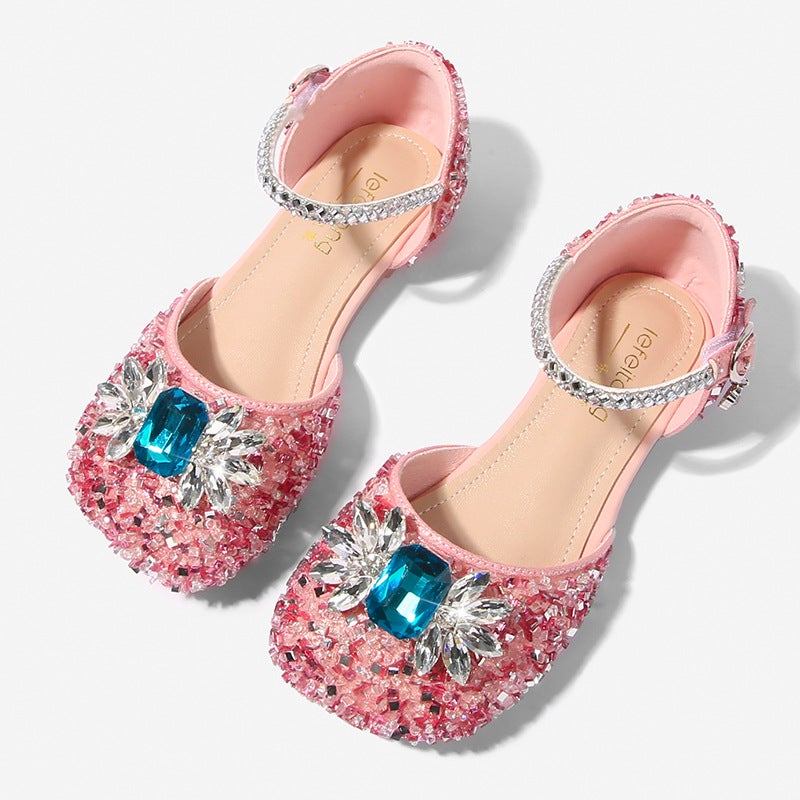 Girls' Princess Sandals Fashionable Medium And Large Children'S Flat Shoes Girls' Crystal Closed Toe Soft Sole Shoes - Image 3