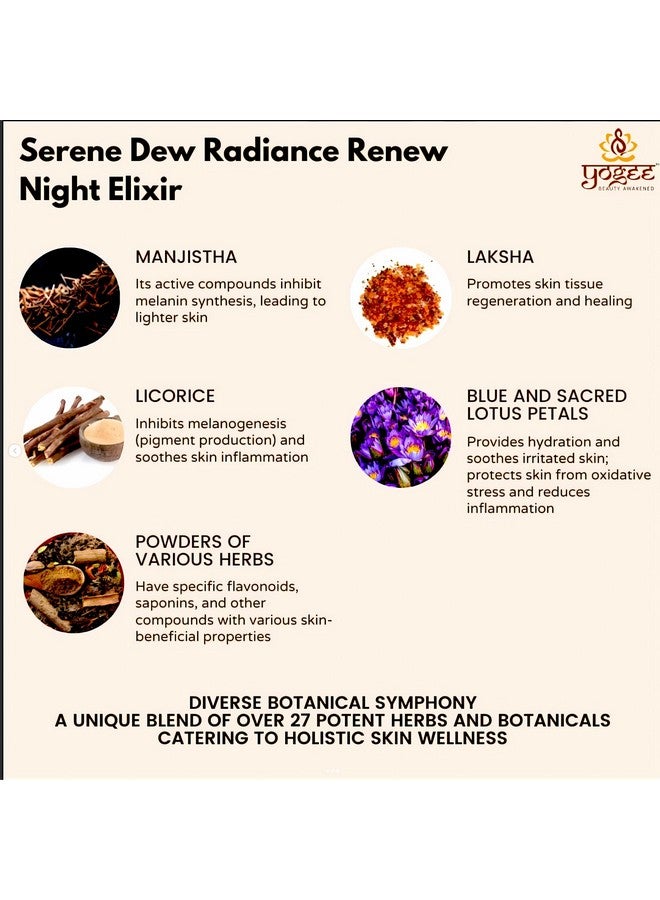 YOGEE Natural Night Skin Elixir Night Serum For Wrinkles Reduced Line Dark Spots Sesame Oil Saffron Rose Oil Goat Milk Red Algae Probiotics 27 Herbs 30Ml - Image 5