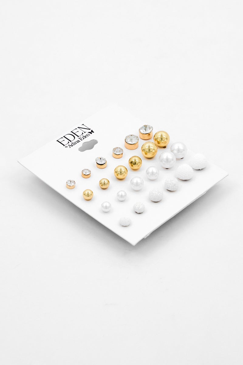 ADINA EDEN Women 12 Pairs Ball And Pearl Stud Earring Set, Multicolor - Image 2