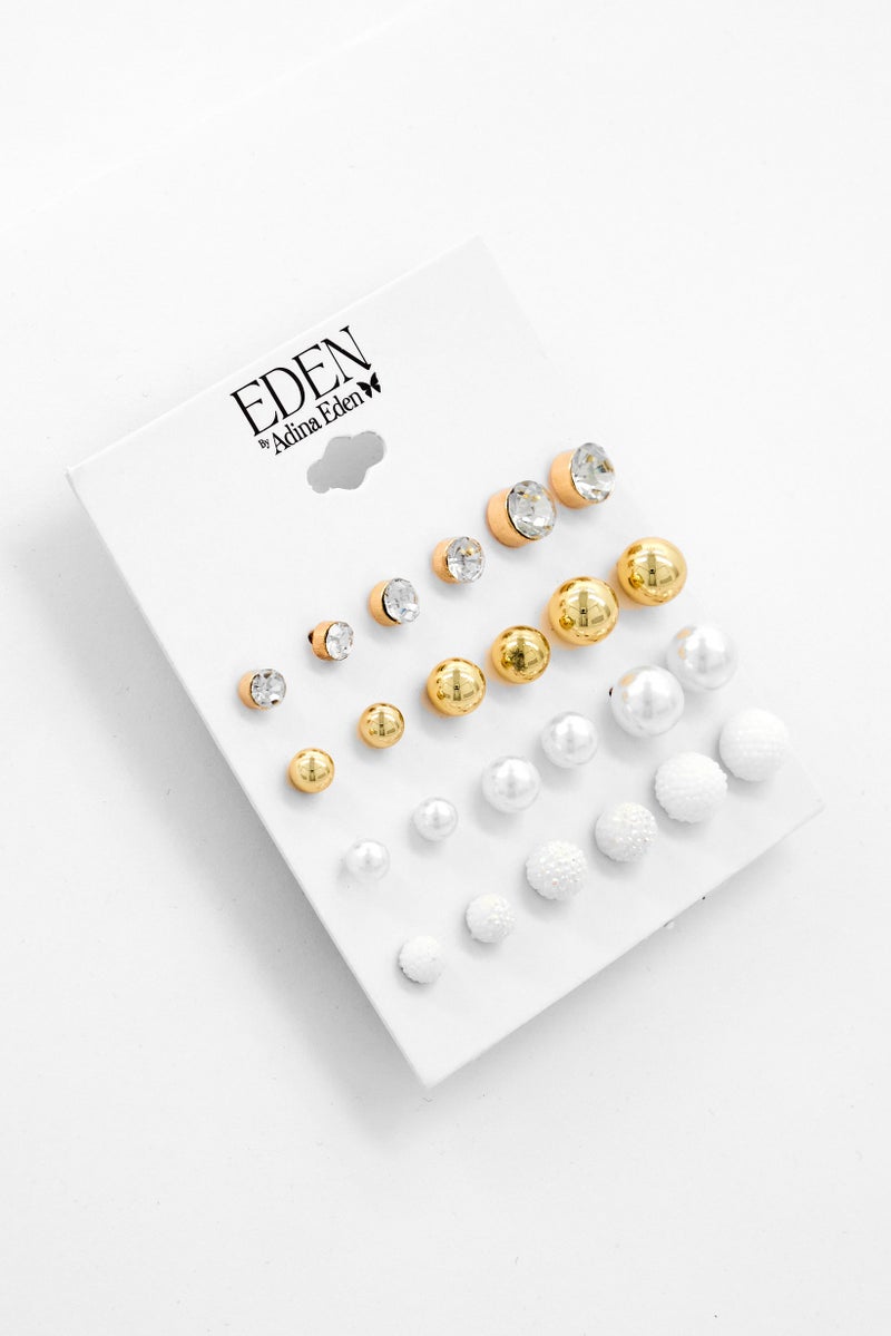 ADINA EDEN Women 12 Pairs Ball And Pearl Stud Earring Set, Multicolor - Image 1
