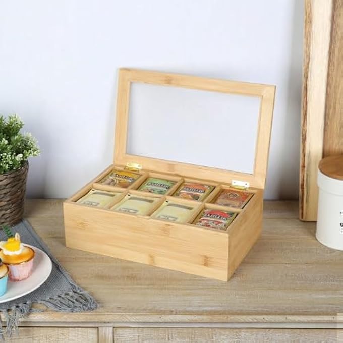 DANUBE HOME Loretta Bamboo Tea Bag Box Natural  Bamboo Acrylic Storage For Teabags With 8 Compartments For Kitchen  Dining Room  315 X 19 X 9 Hcm  Light Golden - Image 1