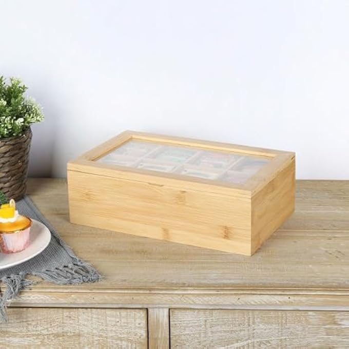 DANUBE HOME Loretta Bamboo Tea Bag Box Natural  Bamboo Acrylic Storage For Teabags With 8 Compartments For Kitchen  Dining Room  315 X 19 X 9 Hcm  Light Golden - Image 3
