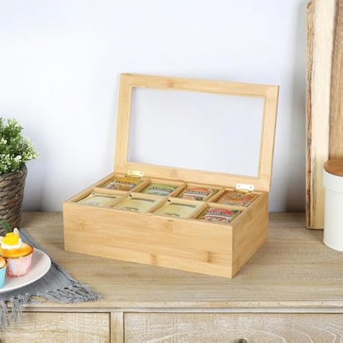 DANUBE HOME Loretta Bamboo Tea Bag Box Natural  Bamboo Acrylic Storage For Teabags With 8 Compartments For Kitchen  Dining Room  315 X 19 X 9 Hcm  Light Golden - Image 2