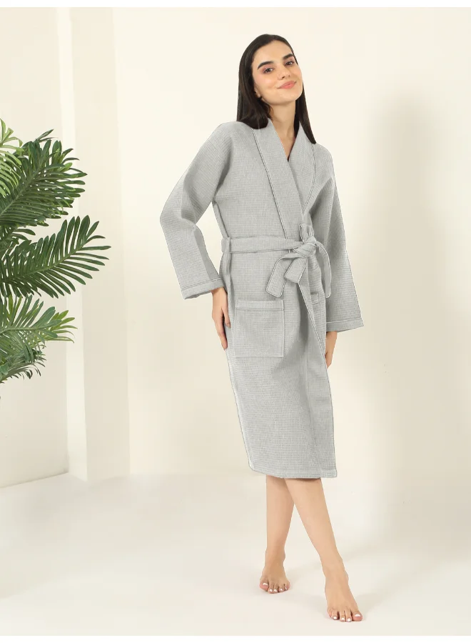 مالبيري ليفينج روب حمام قطني فاخر بنقشة وافل بلون رمادي فاتح