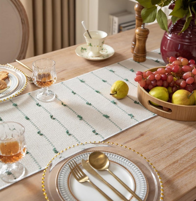 GLOY ® Luxurious 100% Natural Pure Cotton Material Handmade Heat Resistant and Washable 6 Seater Table Runner with Tassels (Size-14"x72") for Dining Table Runner| Kitchen Linen (Green & White) - Image 3