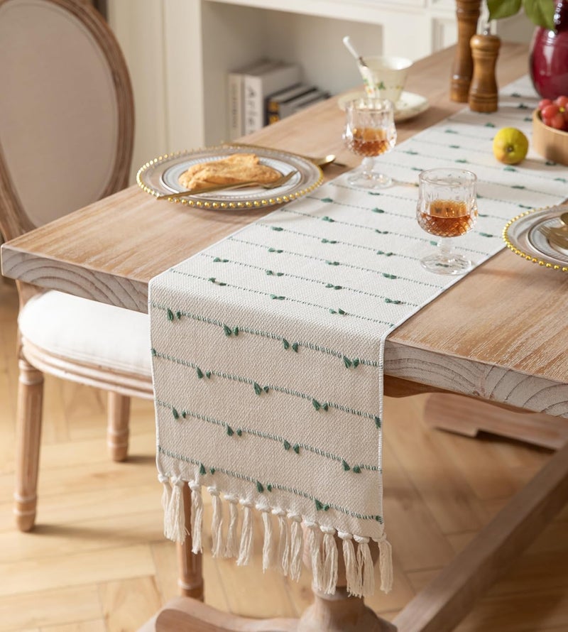 GLOY ® Luxurious 100% Natural Pure Cotton Material Handmade Heat Resistant and Washable 6 Seater Table Runner with Tassels (Size-14"x72") for Dining Table Runner| Kitchen Linen (Green & White) - Image 2