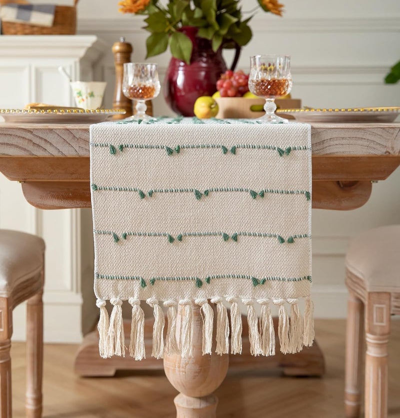 GLOY ® Luxurious 100% Natural Pure Cotton Material Handmade Heat Resistant and Washable 6 Seater Table Runner with Tassels (Size-14"x72") for Dining Table Runner| Kitchen Linen (Green & White) - Image 5