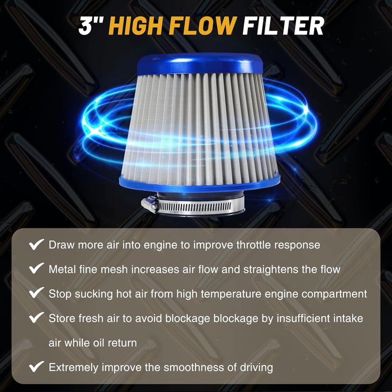 Tongze Upgraded 3 Inch Universal Cold Air Intake Filter Kit with Stainless Steel Filter and Aluminum Alloy Pipe - Image 5