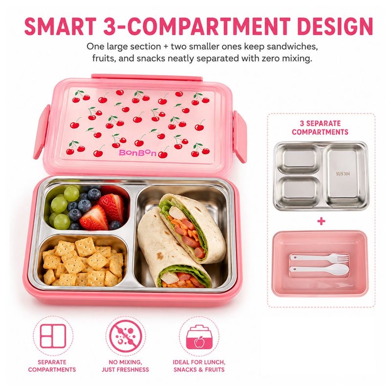 Bonbon - 3-Compartment Stainless Steel Lunch Box - Cherries - Image 5