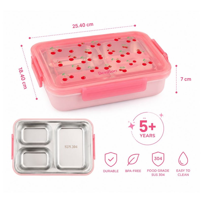 Bonbon - 3-Compartment Stainless Steel Lunch Box - Cherries - Image 2