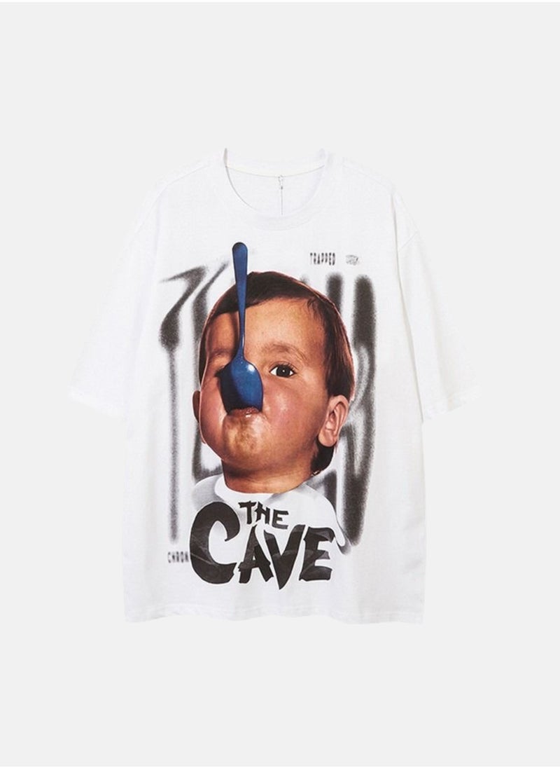 Thirty-One The Cave Kid Face Printed White Oversized T-shirt  - Image 1