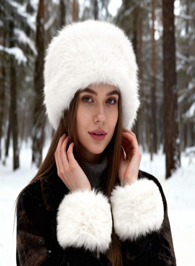 cnomg Faux Fur Headband Set Faux Fur Wrist Cuff for Women Earwarmer Arm Warmer Cold Weather Indoor Outdoor White - Image 2