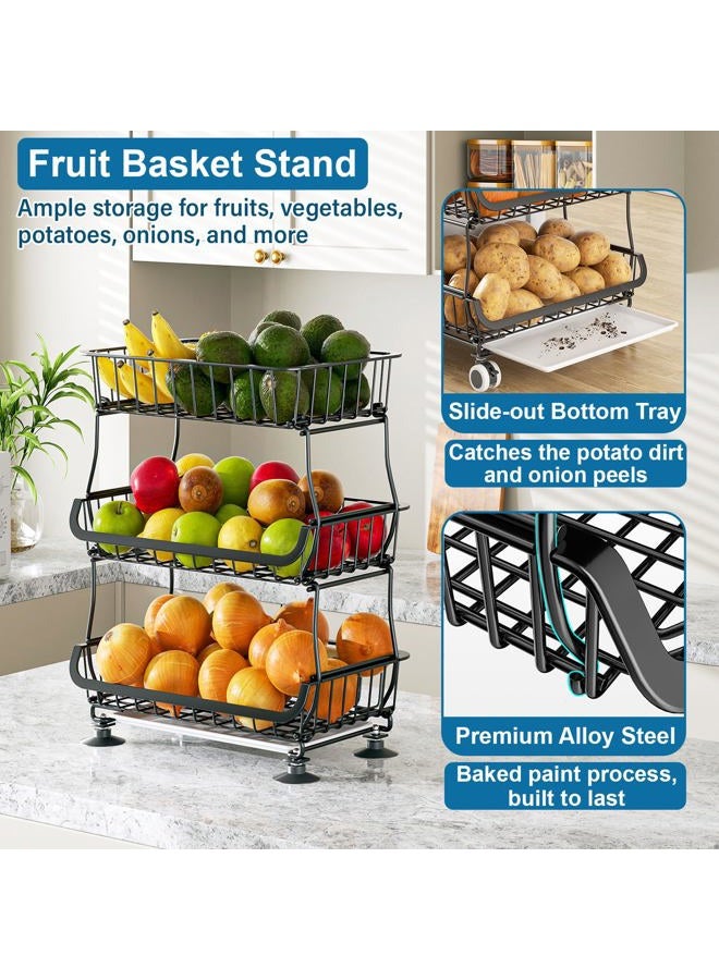 OKZEST 3 Tier Fruit Basket for Kitchen, Stackable Bins Wire Rack with Wheels, Fruit and Vegetable Storage Basket Pantry Food Snack Organizer Shelf, Kitchen Storage Cart for Onion and Potato, Produce - Image 4