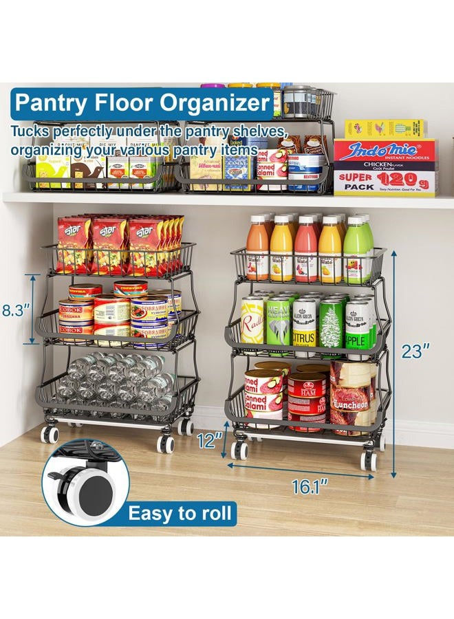 OKZEST 3 Tier Fruit Basket for Kitchen, Stackable Bins Wire Rack with Wheels, Fruit and Vegetable Storage Basket Pantry Food Snack Organizer Shelf, Kitchen Storage Cart for Onion and Potato, Produce - Image 2