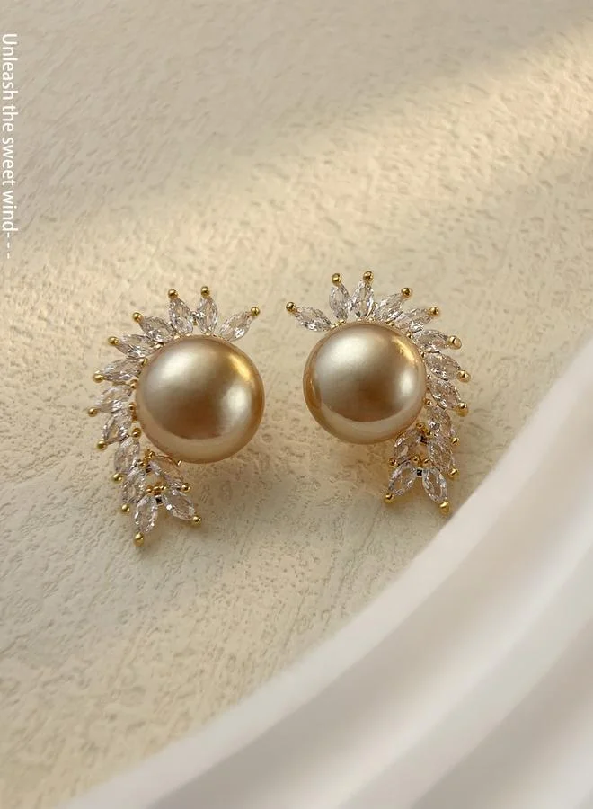 Golden Pearl And Zircon Stud Earrings