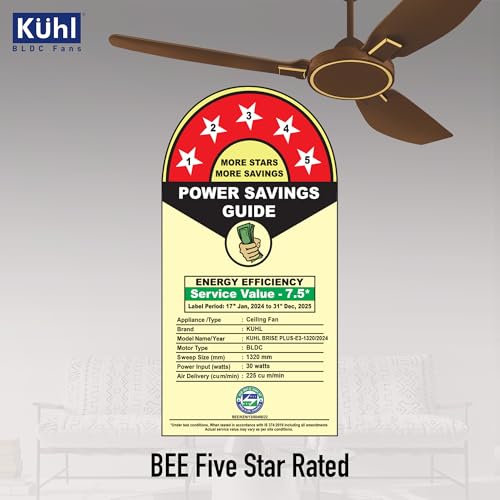 KUHL Brise Plus E3 1320 mm 65% Power Saving BLDC Ceiling Fan | BEE 5 Star Rated & ISI Marked | 30W | High Air Flow | 5 Year Warranty | Brown| Free Installation - Image 5