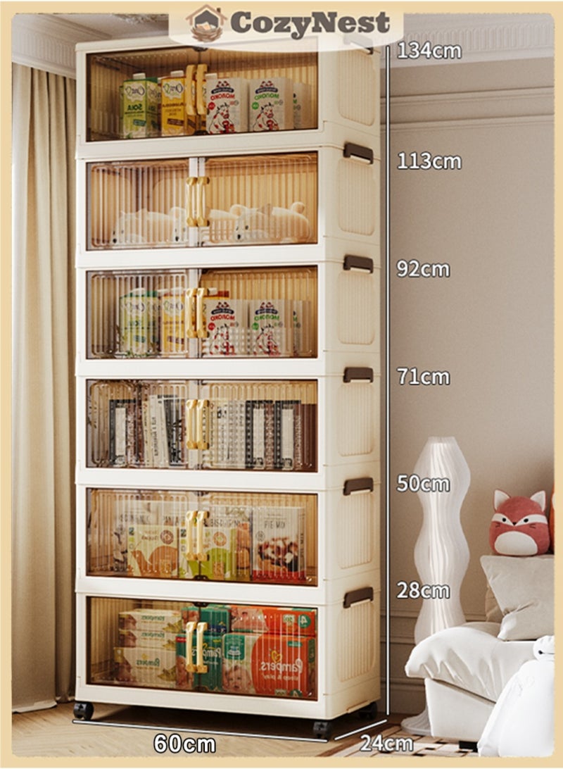 CozyNest 6-Tier Foldable Plastic Storage Cabinet with Handles, Magnetic Double Doors and Wheels, 60cm Wide Cream White Stackable Collapsible Organizer Bins for Clothes, Toys, and Office Supplies - Image 1