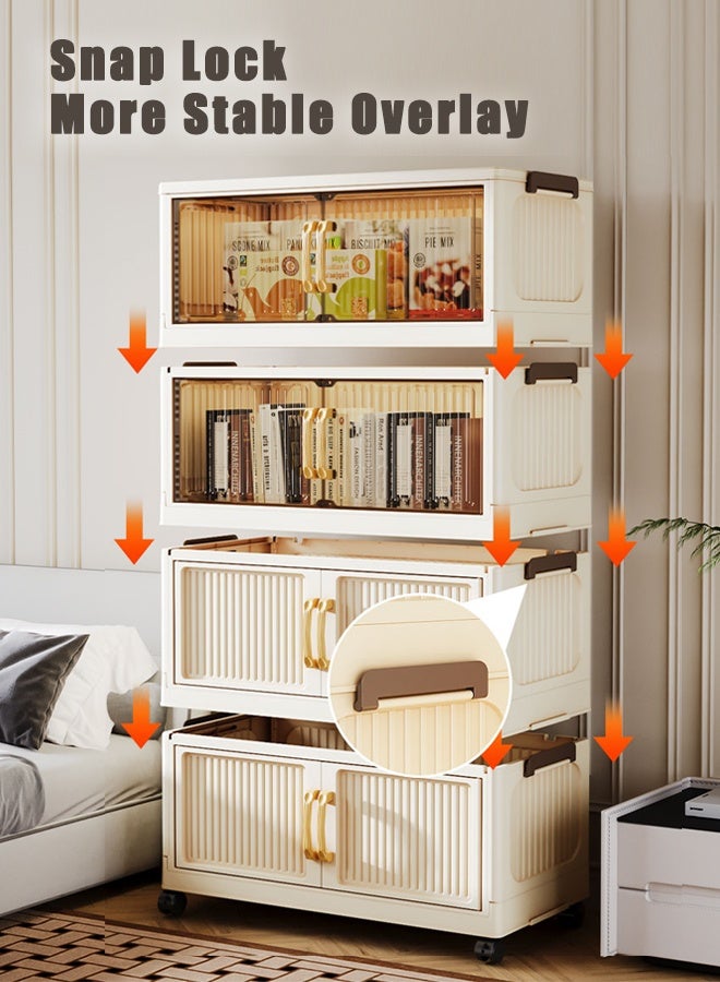 CozyNest 6-Tier Foldable Plastic Storage Cabinet with Handles, Magnetic Double Doors and Wheels, 60cm Wide Cream White Stackable Collapsible Organizer Bins for Clothes, Toys, and Office Supplies - Image 5