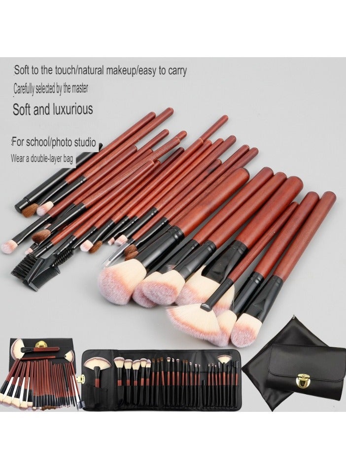AROAQ 24pc Makeup Brushes Set With Bag, Wooden Handle Cruelty-free Synthetic Fiber Bristles Makeup Face Brushes, Powder Concealers Eye Shadows Blush Makeup Brushes, (Pink And Black 24 Pieces + Leather Bag) - Image 3