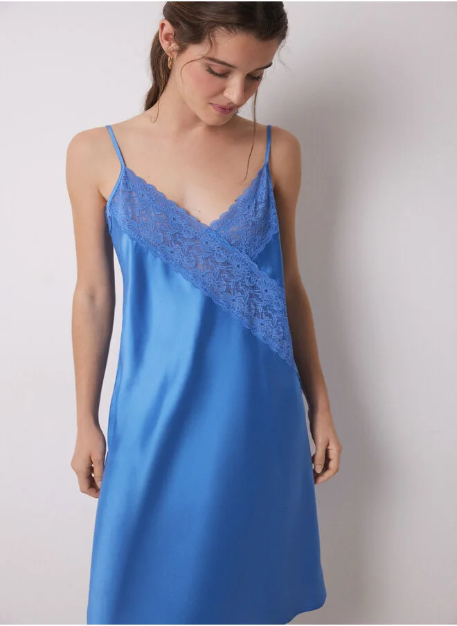women'secret Short nightgown in blue satin and lace