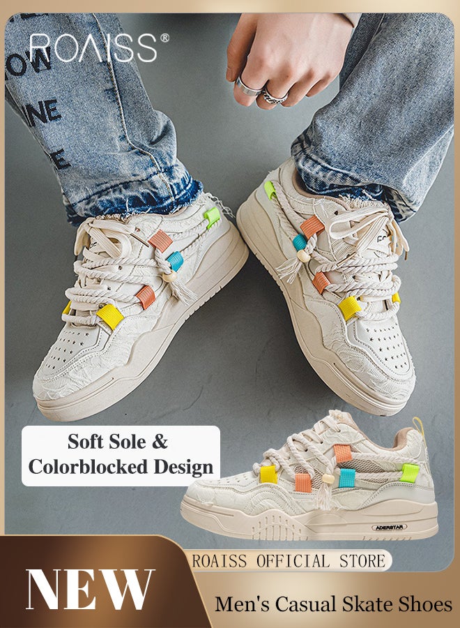 roaiss Stylish Patchwork Chunky Sneakers for Men Retro Rope Shoelaces Decor Skateboard Shoes Soft Sole Lightweight Shock Absorption Running Shoes Mens Wear Resistant Outdoor Sports Shoes Colorblock Sneakers - Image 2