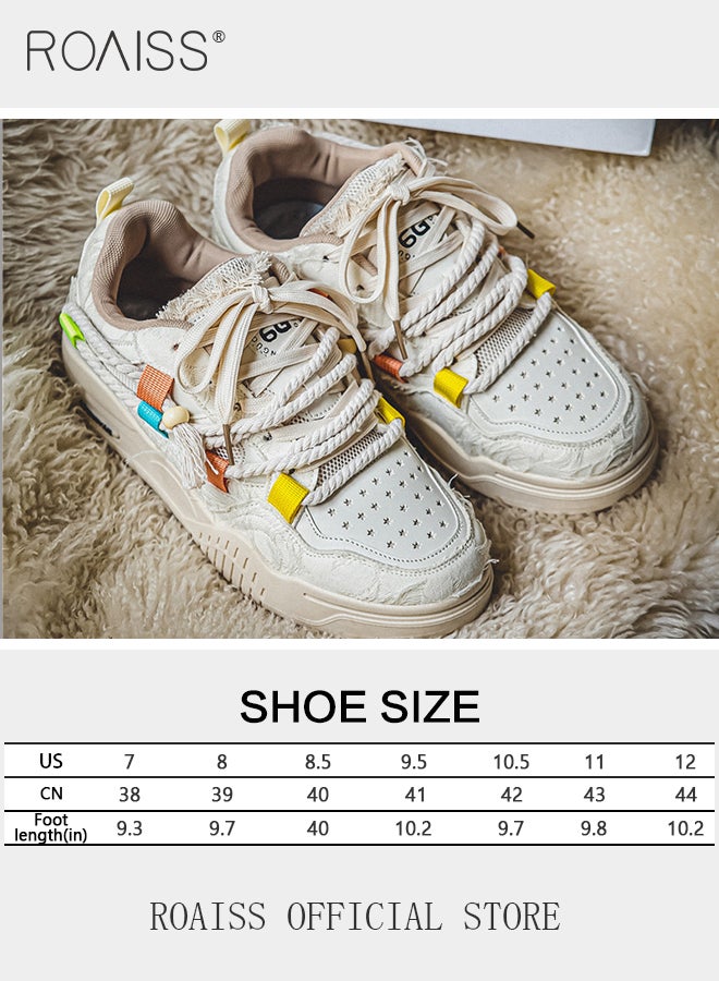 roaiss Stylish Patchwork Chunky Sneakers for Men Retro Rope Shoelaces Decor Skateboard Shoes Soft Sole Lightweight Shock Absorption Running Shoes Mens Wear Resistant Outdoor Sports Shoes Colorblock Sneakers - Image 3