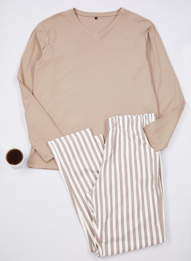Men's Striped Knitted Pajamas Set - Regular Fit, 100% Cotton