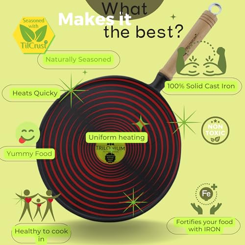 TRILONIUM Cast Iron Dosa Tawa | Triple Seasoned | 11 Inches | WHT11 | Weighs 2.2 Kgs,Black - Image 5