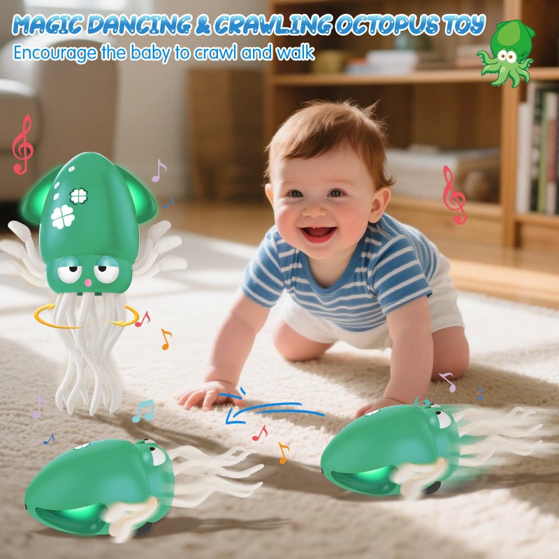 AOTIBO Baby Dancing Octopus Toy for 1 2 3 4 5 Year Old Boy Girl, Baby Tummy Time Electric Crawling Octopus Toys 12-18 Months, Dancing Squid Toy for Walking Toddlers, Kids 1st Birthday Gifts, Green - Image 2