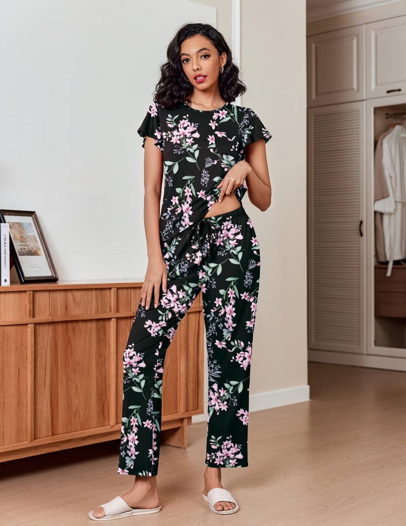 Ekouaer Pajamas for Women Set 2 Piece Comfy Loungewear, Lightweight Pjs Sleepwear, Short Sleeve Top & Long Pants with Pockets - Image 2