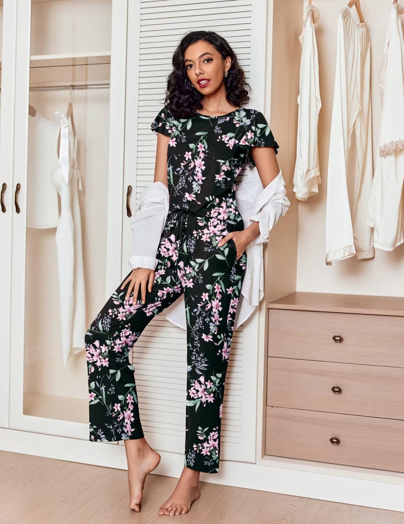 Ekouaer Pajamas for Women Set 2 Piece Comfy Loungewear, Lightweight Pjs Sleepwear, Short Sleeve Top & Long Pants with Pockets - Image 3